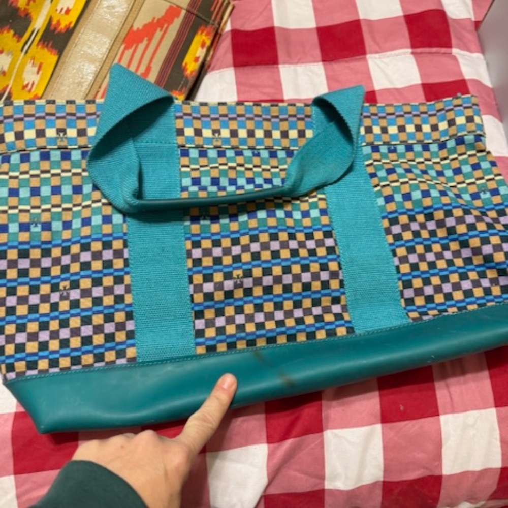 Tory Burch Multicolor Check Canvas Tote with Teal Trim - Picture 2 of 4